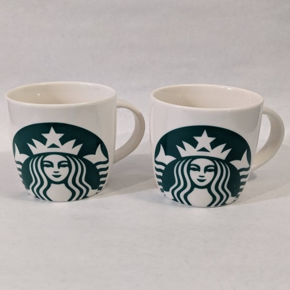 Starbucks Siren Logo Coffee Mugs Set of 2 White Green 14oz Ceramic 2011 Cup
